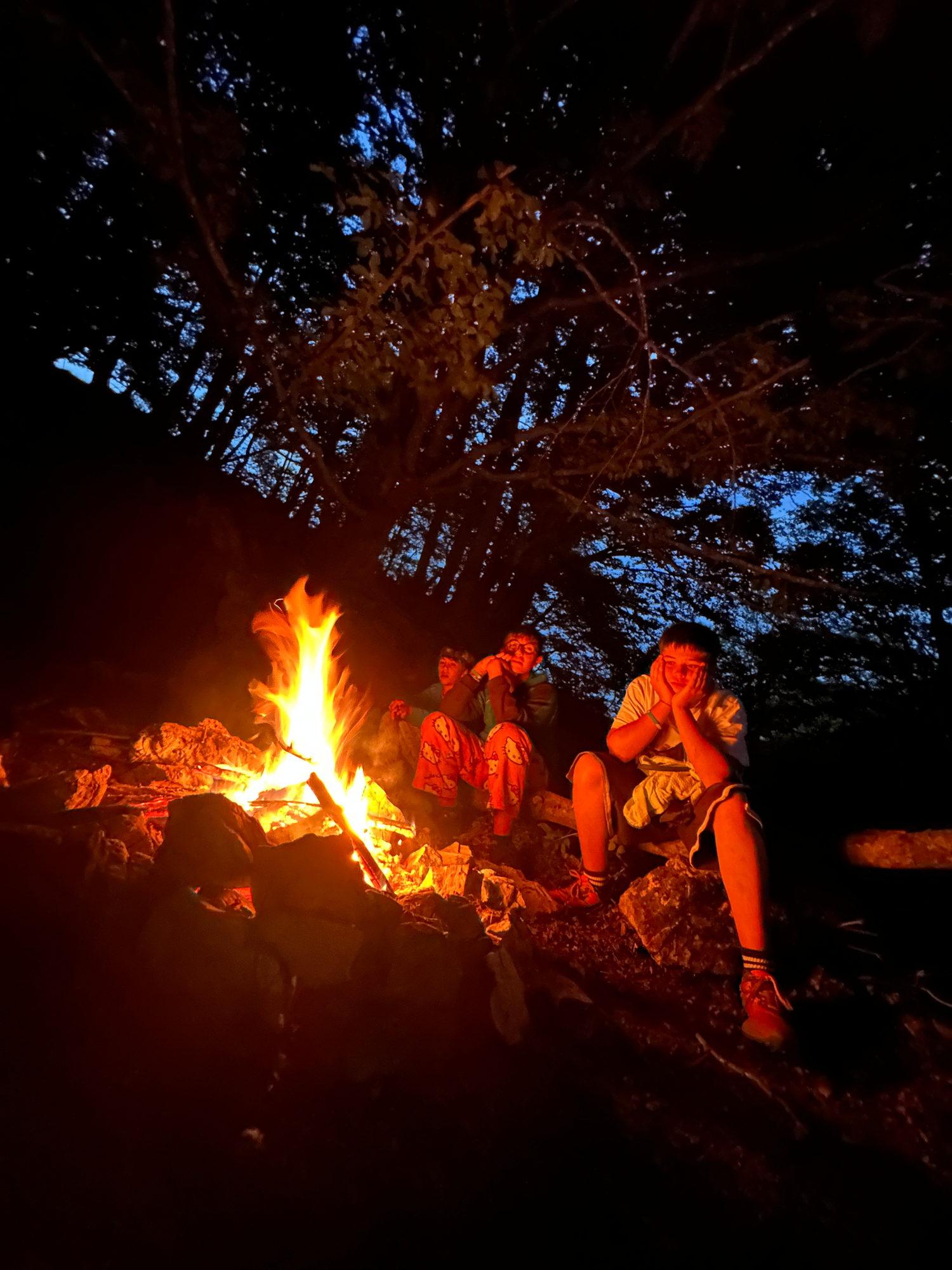 Ragazzi seduti intorno a un fuoco nel bosco, la sera